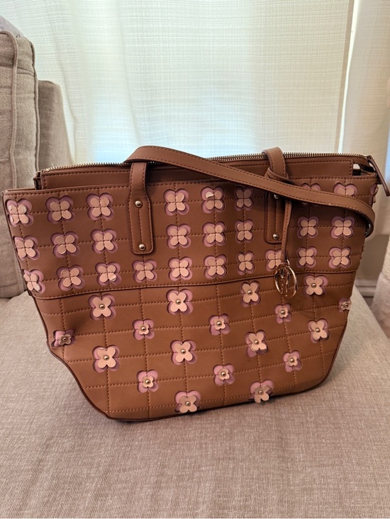 Nine West Handbags - Nine West Brown Floral Appliqué Quilted Tote Bag with Pink Clover Accents